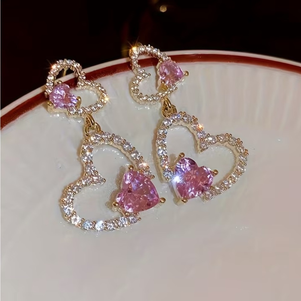 Elegant Pink Heart Drop Earrings